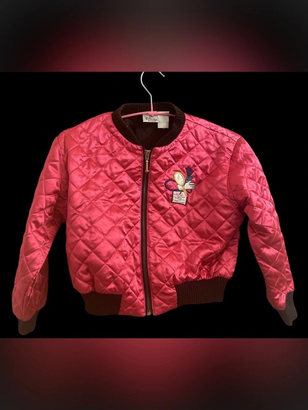 Vintage Disney Store Minnie Mouse Quilted Satin Bomber Jacket Pink Embroidered